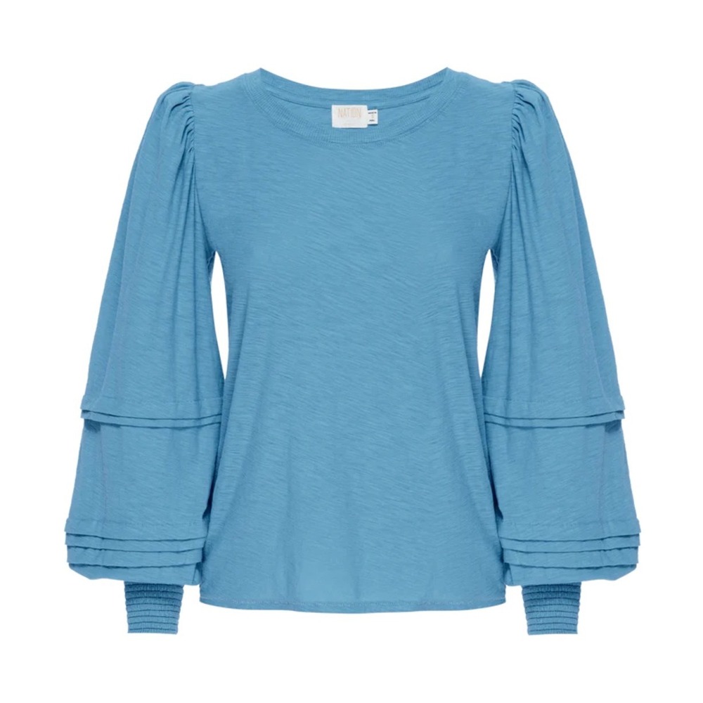 Nation LTD caitlyn drama sleeve Blue Pima Cotton Puff Ruffle Top S Quiet Luxury